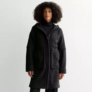 FLX Women’s Black High Pile Longline Full Zip Coat Jacket, Size L-XL, NWT